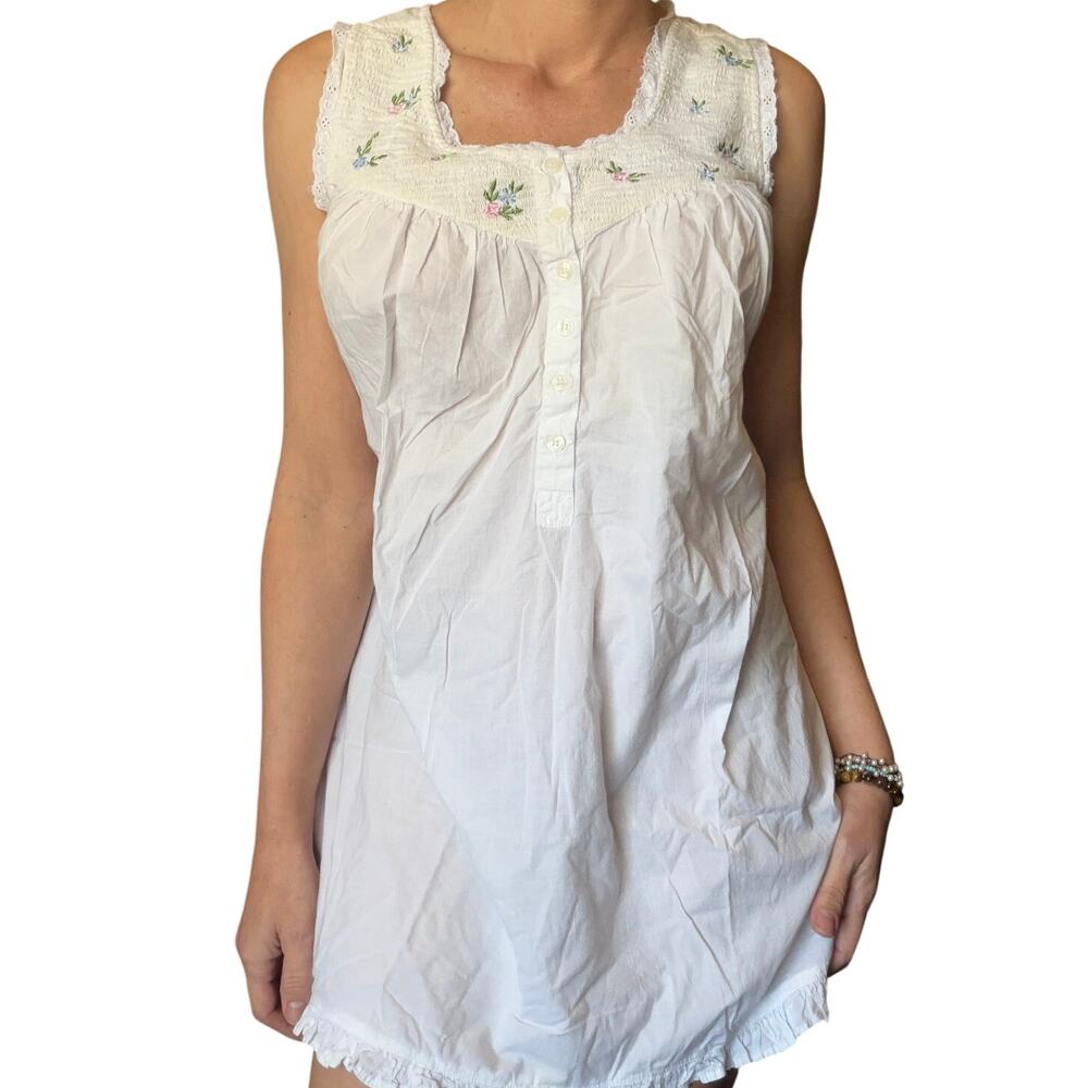 Vintage Cottagecore Prairie Mini Dress – Cotton Embroidered Smocked Babydoll